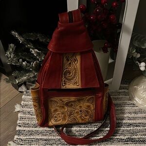 Artisan Red and Tan Leather Backpack Tooled Leather